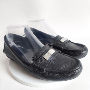 Coach Loafers Size 7.5 Silver Logo Black Slip On Flats Pebbled Leather Fredrica